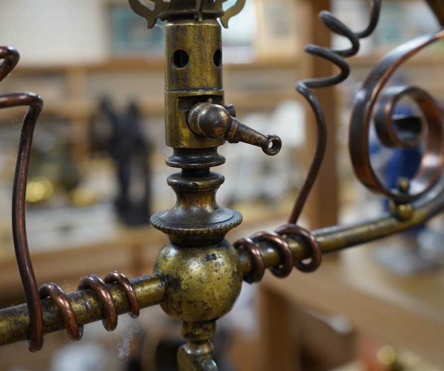 An English Arts and Crafts gas pendant with Vaseline cranberry cylinder shade, including pendant wire, c.1880's-1910, wired, 78cm high, 38cm wide. Condition - good, not tested